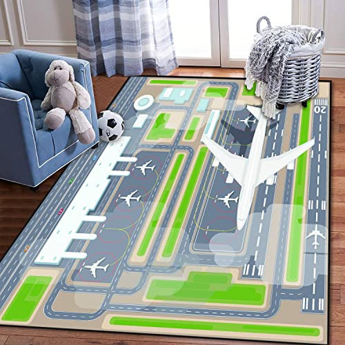 Kinder-Spielplatz-Teppich, Flughafen-Landestreifen, Luftfahrt- und Flugzeugankunft, 3D-Teppich, extra groß, für Kinderzimmer, Spielzimmer, Kinderzimmer, Dekoration für Jungen, Mädchen, Lernen und