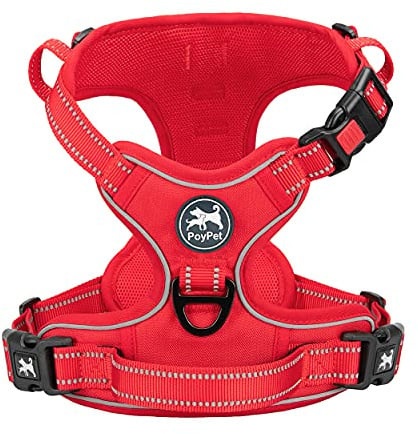 PoyPet Dog Harness Large, No Pull Vest with Front Clip & Padded Handle | Lockable Neck Release Buckle, No Choke, 2 D-rings, Reflective, Adjustable, for Walking Training, XL, Red Matching Trim