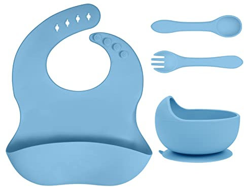 Vicloon 4 Pcs Baby Weaning Set, Suction Plate Bowl, Bib, Spoon and Fork, BPA Free Silicone Feeding Set, Toddlers and Kids Bowl Set, Gift for Kids (Blue)