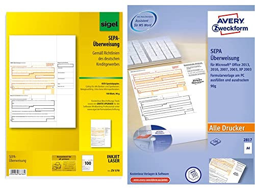 SIGEL ZV570 SEPA-Überweisungen, A4, 100 Blatt, incl. free download Beschriftungsassistent & AVERY Zweckform 2817 Sepa-Überweisung, (A4, inkl. Software-CD, von Rechtsexperten geprüft) weiß