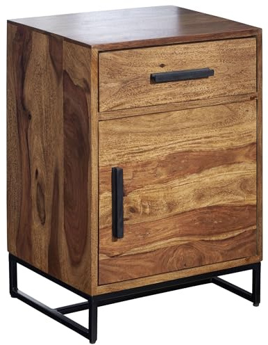 Wohnling Nachttisch 45x35x65 cm Sheesham Massivholz, Schublade Tür | Nachtkonsole Industrial mit Metallgestell, Nachtschrank für Boxspringbett, handgefertigtes Unikat, Nachtkommode