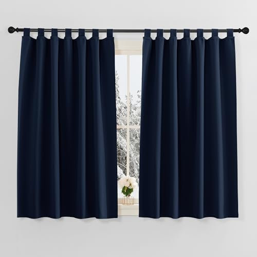 PONY DANCE Gardinen Wohnzimmer Modern Kurz - Verdunklungsvorhänge Kinderzimmer Junge Schlaufenschal 2er Set H 145 x B 140 cm Thermovorhang gegen Kälte und Hitze, Dunkelblau