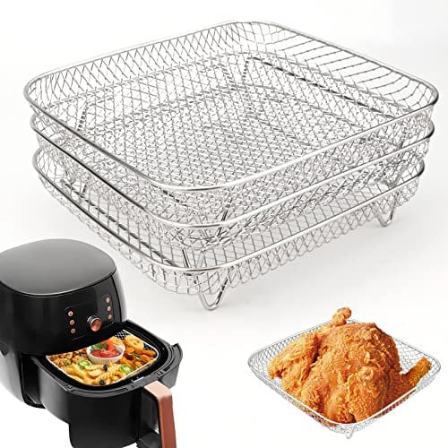 3 Pezzi Cestelli per Friggitrice ad Aria Vassoio per Cestello per Friggitrice ad aria in Acciaio Inox Cestelli per Disidratatore Impilabili a 3 Strati per Friggitrice ad Aria Forno (Quadrato)