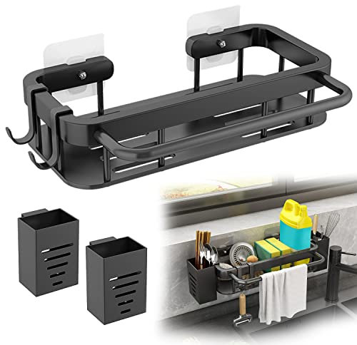 JReHuiG Waschbecken Organizer Küche Edelstahl, Spülbecken Organizer Wand Hängend Kein Bohren mit 2 Ablageröhren für Stäbchen und 2 Haken, für Küchenutensilien und Toilettenartikel (Schwarz)