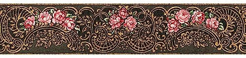 Floral Rose Swirl Patterned Wallpaper Border - Pink Gold Black - Traditional Glamorous Textured Flowers