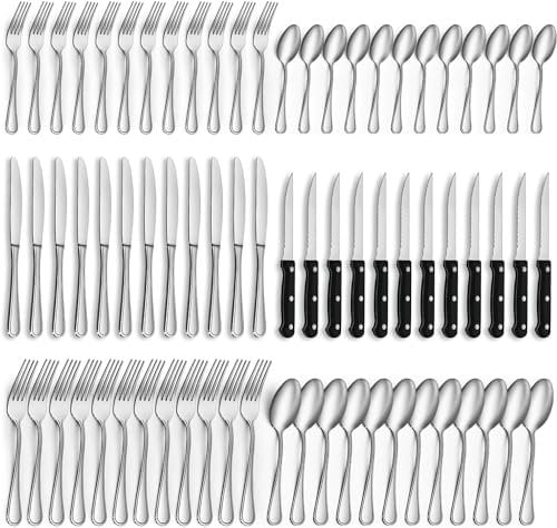Gifcomda Juego de cubiertos, 72 piezas cubiertos acero inoxidable para 12 personas, pulido brillante, juego de cubiertos con cuchillo de carne, cuchillo, tenedor, cuchara, apto para lavavajillas
