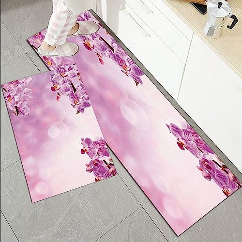 Küchenläufer Küchenmatte 2 Stück 45x70cm+45x120cm,Spa-Dekor, wilde Orchidee Blütenblätter in monochromen Design Bouquet ,Rutschfest Pflegeleicht, Anti-Müdigkeit Küchenteppich Teppich Läufer für Küche