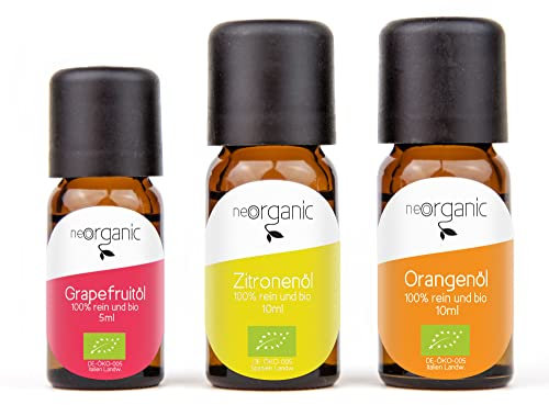 NeoOrganic® Lieblingsdüfte Zitrus – Bio Aromaset ätherische Öle – Bio Zitronenöl, Bio Orangenöl und Bio Grapefruitöl – 2 x 10ml und 1 x 5ml