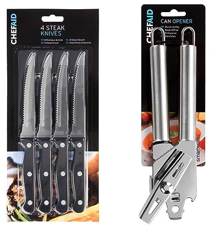 Chef Aid Stainless Steel Serrated Steak Knife Set, 4 Durable Multipurpose Kitchen Knives with Comfort Grip, Ergonomic - Non-Slip, Rust Resistant, Sharp Dinner Table Knife Set Can Opener