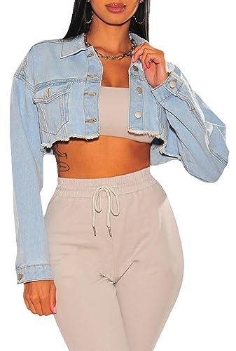 Women's Crop Top Jean Jacket Button Down Long Sleeve Cropped Denim Jacket Coat, Light Blue, XL