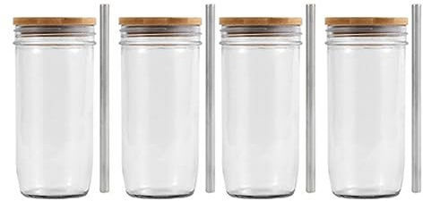 Knadgbft Les Couvercles en Bambou Naturel Pailles en Verre Réutilisables Gobelet en Verre de 24 Oz avec Couvercle en Bambou et Bocal à Bouche en Paille pour Smoothies, Jus, Thé, Café Glacé