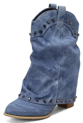 CRETUAO Stivali ripiegabili con Rivetti Moda Donna,Stivali di Jeans Larghi al Polpaccio con Punta Tonda,Stivali Classici con Frange con Tacco Spesso e Stivali al Polpaccio,1 Dark Blue,38 EU