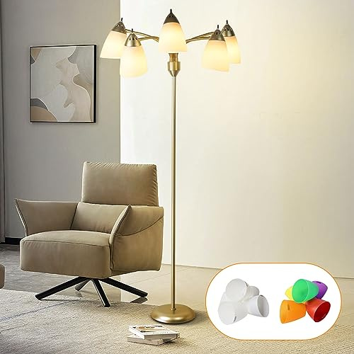 5 Way LED Floor Lamp, Modern Gold Multiple Heads Floor Lamp, Tree Standing Lamp with 5 White & 5 Colorful Lamp Shades, Adjustable Gooseneck Reading Standing Light for Bedroom, Living Room, Kids Room