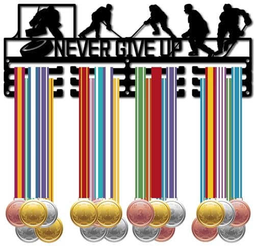 CREATCABIN Eishockey-Medaillenhalter,Display-Aufhänger,Medaillen-Wandhalterung,Rahmen,Regal,Sport-Medaillen-Aufhänger,Schwarze Wanddekoration,Medaillen-Organizer-Rack 40x15cm-Geben Sie Niemals Auf
