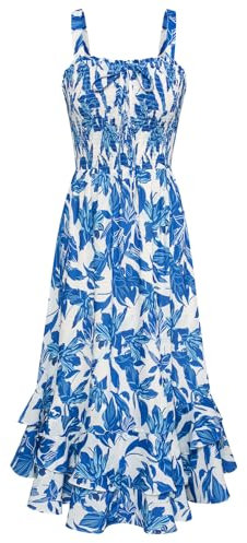 GRACE KARIN Women Strappy Floral Beach Dress Square Neck Chiffon A Line Smocked Maxi Dress for Summer Blue Floral M