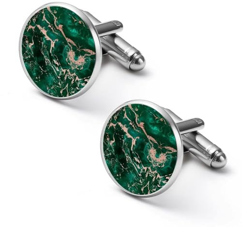 Green Emerald Rose Gold Marble Texure Round Cufflinks for Men Classic Cuff Links Jewellery for Wedding Business Party