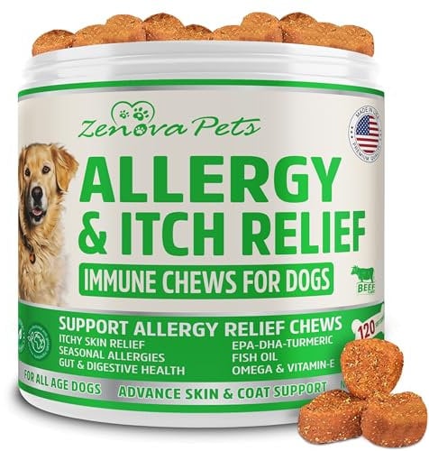 Dog Allergy & Itch Relief Chews | Itchy Dog Skin Relief, Soothes Itchy Skin, Paws, Ears & Seasonal Allergies With Omega 3, Antioxidants | Anti Itch Treats Support Immune Health 120 Chews