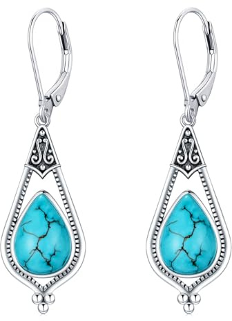 Echte Türkis-Ohrringe für Frauen, Sterlingsilber, Vintage-Stil, Indianer-Western-Schmuck, Tropfen-Ohrringe, Geburtstagsgeschenk