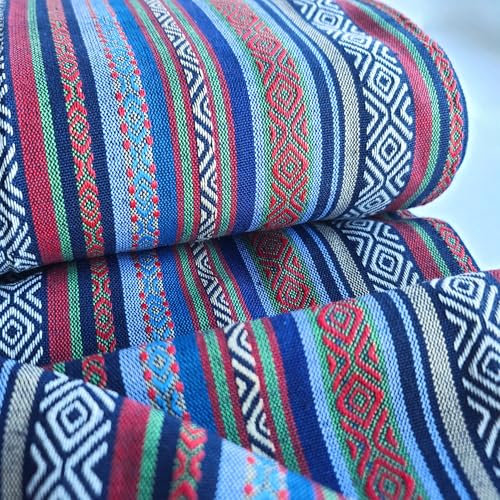 Jacquard-Wandteppich, gewebter Stoff aus recycelten Fasern, Ethno-Streifenmuster, blau und rot, Meterware
