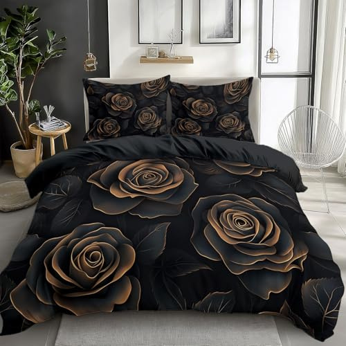 King Duvet Cover Set, Dark Black Gold Rose Theme Soft Quilt Covers with 2 Pillowcases, Black Reversible 230 x 220 cm Microfiber Home Decor Duvet Cover With zip closure