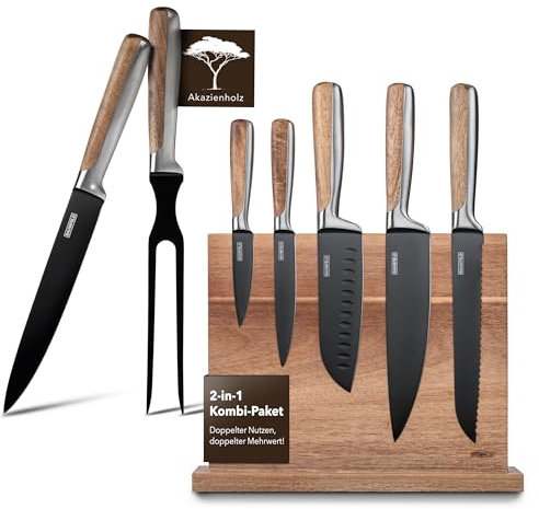 Baumfeld Bundle: 6-teiliges Messerblock-Set und 2-teiliges Tranchierbesteck (Schwarz)