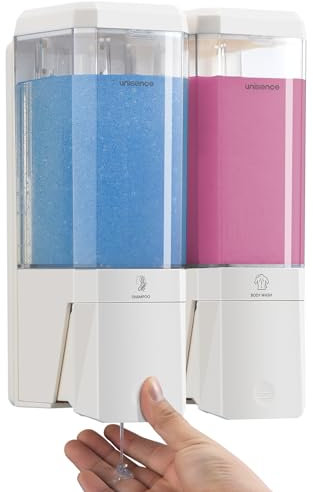 Unisence 2-Chamber Wall Mounted Shower Dispenser - No Drill Shampoo and Soap Dispenser for Bathroom Hotel - Large Capacity 2 * 500ML, White