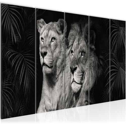 Runa Art Wandbilder XXL Löwen Liebe Wohnzimmer Schlafzimmer 200 x 80 cm Schwarz 5 Teilig - Made in Germany - 053355a