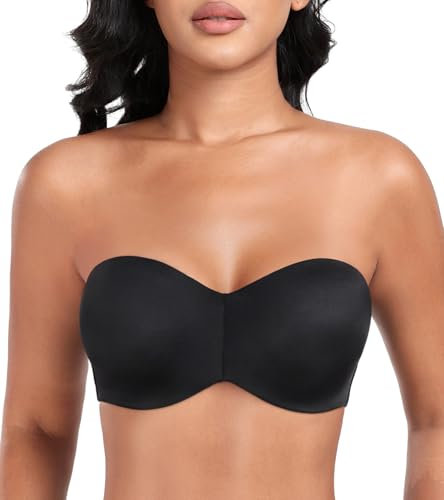 Lemorosy Women's Seamless Strapless Bra Non Padded Anti-Slip Plus Size Bandeau Underwire(Black,38D)