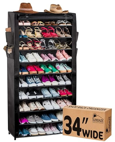 Sundaze Scarpiera con copertura, scarpiera a 10 ripiani per porta d'ingresso, robusta scarpiera alta per camera da letto, armadio, garage, ripiano in tessuto non tessuto, nero, può contenere fino a 50