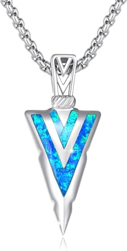 CRWENG Wikinger Halskette 925 Sterling Silber Pfeil Anhänger Opal/Lapislazuli/Abalone/Malachit/Türkis Punk Halskette Unisex Schmuck für Männer und Frauen (Blauer Opal)
