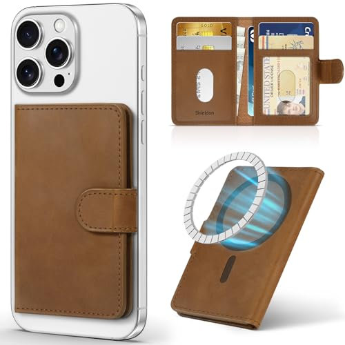 SHIELDON Portafoglio Adesivo Magnetico, Porta Carte in Vera Pelle, Leather Wallet Card Holder Compatibile con iPhone Serie 16/15/14/13/12 - Pelle Crazy Horse Marrone