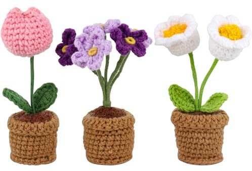 YANGUN 3 Pcs Crochet Potted Flowers, Handmade Crochet Flowers Pot, DIY Handmade Knitted FlowersPot, Crochets Flower Pot, Artificial Flower Pots Hand Knitted Crochets Gifts for Decorating Rooms,Desktop