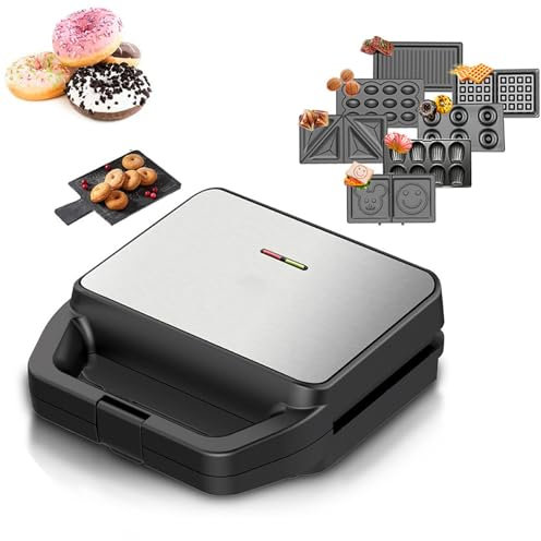 PPLDABNK Máquina De Desayuno 7 En 1: con 7 Placas Antiadherentes Extraíbles, Calentamiento por Ambos Lados, Fácil De Limpiar, Portátil Y Compacta, para Hacer 6 Donas.,Black