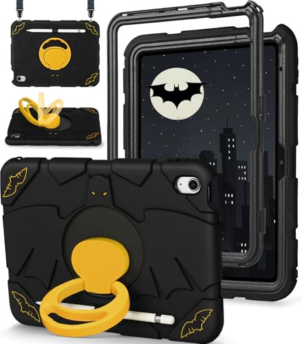 LISEVO for iPad 10th Generation Case 10.9 Inch, for iPad A16 Case 11th Generation 2025 - Boys Cute Cartoon Black Heavy Duty Shockproof Rugged Protective Cover with Rotating Stand & Strap & Pen Holder