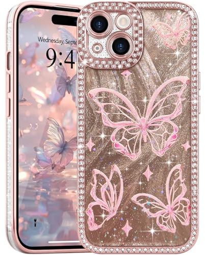 L-FADNUT for iPhone 15 Plus/14 Plus Glitter Case Diamond Butterfly, Pink | Lovely Butterfly Pattern Bling Rhinestone Phone Case, Camera Protection Sparkly Slim Soft Silicone Back Cover for Women Girls
