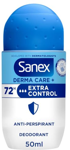 Sanex Derma Care+ Extra Control 72h Antiperspirant Roll-On 50ml | 72H Strong Protection Against Sweat and Odour, Roll-On Deodorant, Instantly Nourished Skin Feel, Contains 0% Alcohol*