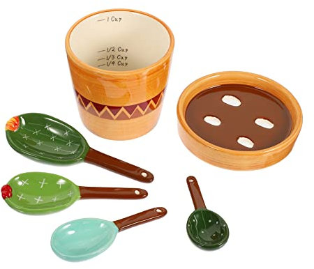 HOLIDYOYO Ceramic Cactus Measuring Spoons Set Base 5pcs Milk Powder and Coffee Powder Scoops for Wet Dry Ingredients Baking Accessories