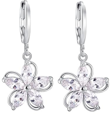 KnSam 585 Weißgold Ohrstecker Echt-Gold, Creolen Blumen mit Moissanit Marquiseschliff, 14K Ohrringe Hängend, Silber