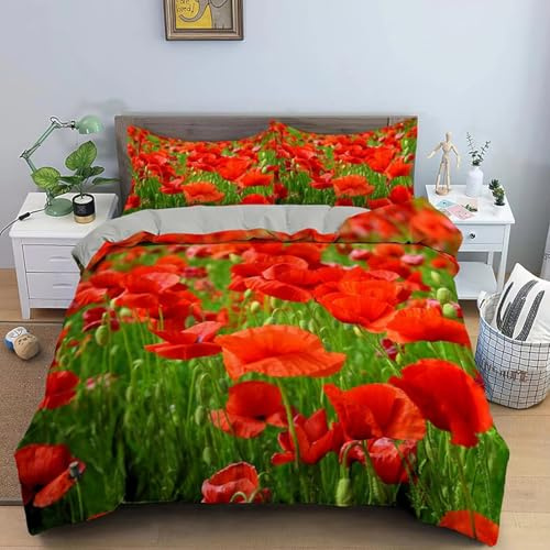 SJSXWQN Bettwäsche 135x200 Roter Mohn Bettwäsche-Set mit Reißverschluss Schließung für Kinder Mädchen Weicher Atmungsaktive Mikrofaser Bettbezug + 2 Kopfkissenbezug 80x80 cm