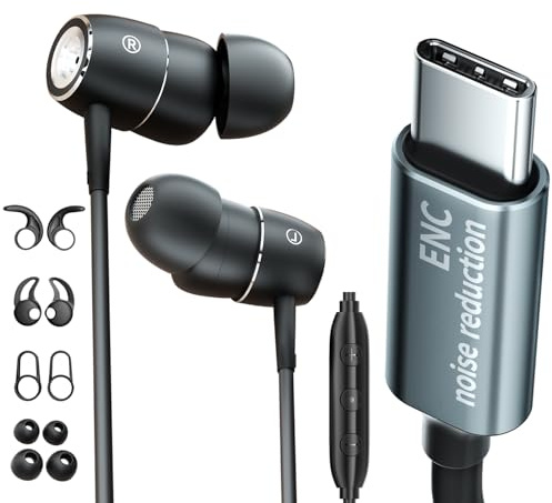 USB C Kopfhörer mit Mikrofon Geräuschunterdrückung Tiefbass Kabel Ohrhörer | dynamischem Bass und ENC Noise-cancelling, Ohrhaken können angebracht,Typ-C In Ear Earphone für iPhone 17 16 15 Samsung etc