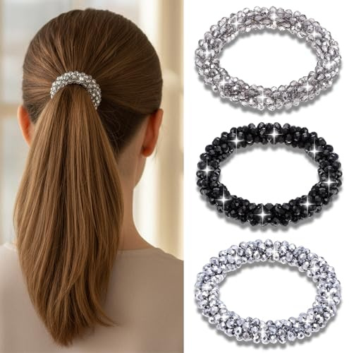3 Stück Perlen Haargummis Strass, Elastisch Glitter Hair Tie Haaraccessoires Pferdeschwanz-Halter Haarschmuck Haargummis Mit Strasssteinen für Damen und Mädchen