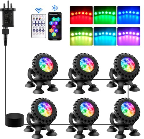 T-SUN Colored Pond Lights with Timer,LED Underwater Pond Light Submersible Fountain Lights for Fish Tank Landscape Spotlight-Bluetooth APP & Remote Control,IP68 Waterproof,Aquarium,Yard (6 Heads)