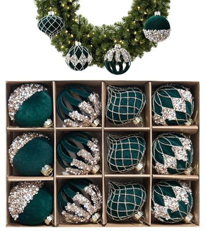 Christbaumkugeln – 12-teiliges Set rot grün glitzernd Weihnachtsschmuck Kollektion Bunte Kugeln Weihnachtsschmuck Display Festliche Feiertage | Fenstertisch außen innen