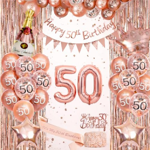 Omrel Rose Gold 50th Birthday Decoration for Women - Happy 50th Birthday Banner For Women, Triangle Flag Banner, Number 50th Birthday Balloons, Foil Curtains for Party Decorations