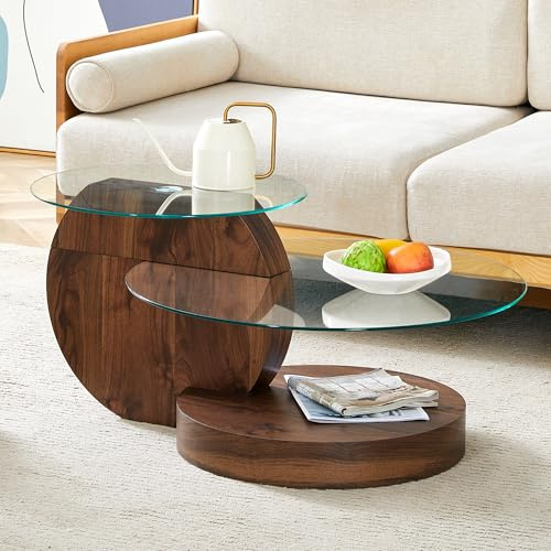 boorbin Mesa de centro minimalista moderna con dos niveles de cristal de seguridad, diseño de varios niveles, estructura de soporte MDF de alta calidad con aspecto de mármol (nogal)