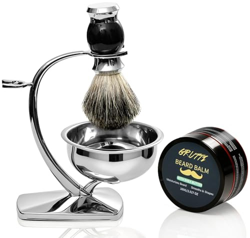 4-in-1 Rasier-Set,Zinklegierung Verchromtes Rasierstativ + Edelstahl Rasierbecken + Kunsthaar Rasierpinsel + 100g Rasiercreme | Langlebig & Sanft|Dichter Schaum für Glatte Rasur,Für Männer Rasieren