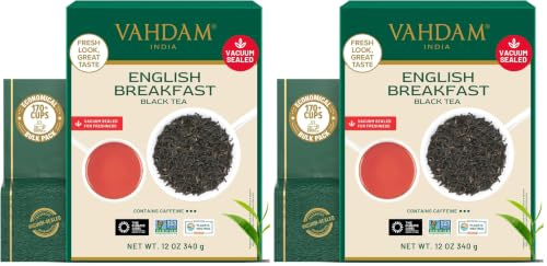 VAHDAM, Thé Noir English Breakfast (340g, 170+ Tasses) En Vrac Fort, Riche Et Aromatique | Thé À Feuilles Longues En Vrac | Directement De La Source En Inde (Lot de 2)