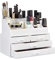 Relaxdays Make Up Organizer klein, 2-teilige Schmink Aufbewahrung Acryl, mit Lippenstifthalter und 4 Schubladen, weiß, 19 x 24 x 13.5 cm