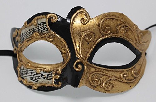 VENETIAN MASQUERADE CARNIVAL PARTY EYE BALL MASK BLACK & GOLD WITH MUSICAL NOTES SCRIPT