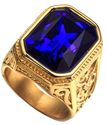 PAURO Hommes en Acier Inoxydable Vintage Or Carré Bague De Mariage avec Grande Pierre Bleue Taille 57
